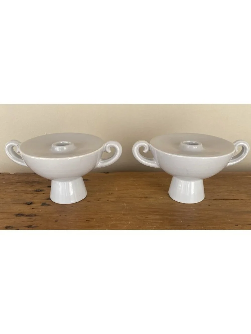 Matching MCM Haeger Pottery Candlesticks Grayish White 7.5” Width 4” Height
